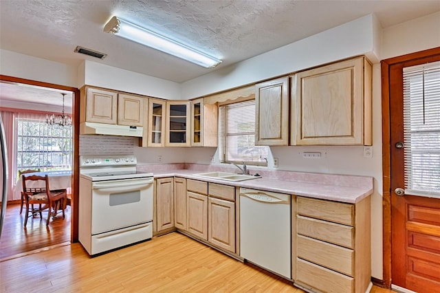 kitchen with white appliances, light brown cabinets, and under cabinet range hood