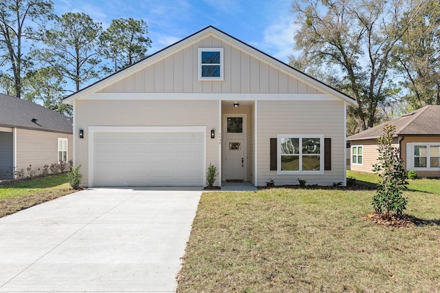 view of front of property featuring an attached garage, concrete driveway, a front lawn, and board and batten siding