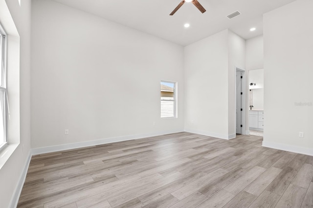 unfurnished room featuring visible vents, baseboards, light wood-type flooring, recessed lighting, and a ceiling fan