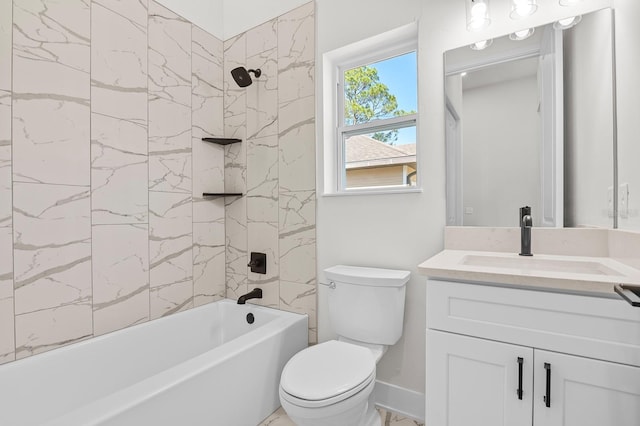 bathroom featuring toilet, vanity, shower / bathtub combination, and baseboards