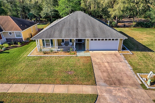 single story home featuring a shingled roof, a front lawn, concrete driveway, covered porch, and a garage