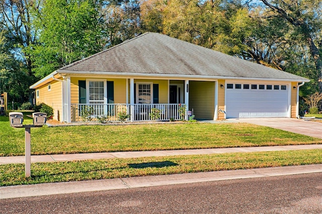 ranch-style home with driveway, covered porch, a front yard, a shingled roof, and a garage