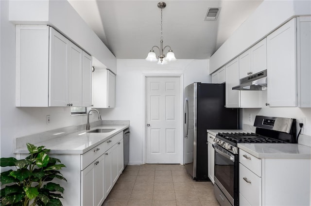 kitchen featuring visible vents, under cabinet range hood, a sink, white cabinetry, and stainless steel appliances