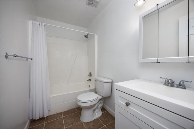 full bathroom with vanity, visible vents, shower / bath combination with curtain, tile patterned floors, and toilet