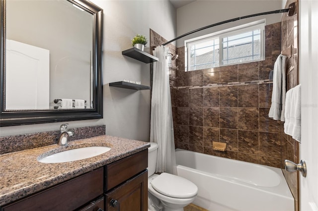 bathroom featuring vanity, toilet, and shower / tub combo with curtain