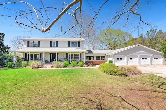 view of front of house featuring driveway, an attached garage, a porch, and a front lawn