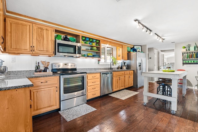 kitchen featuring a sink, open shelves, stainless steel appliances, and dark wood-style flooring