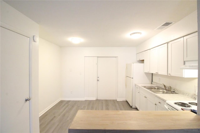 kitchen featuring visible vents, electric range, a sink, under cabinet range hood, and light wood-type flooring