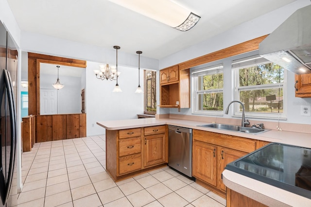 kitchen with black appliances, a sink, a peninsula, wall chimney exhaust hood, and light tile patterned floors