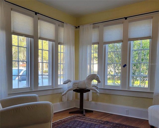 sitting room with baseboards, a healthy amount of sunlight, and wood finished floors