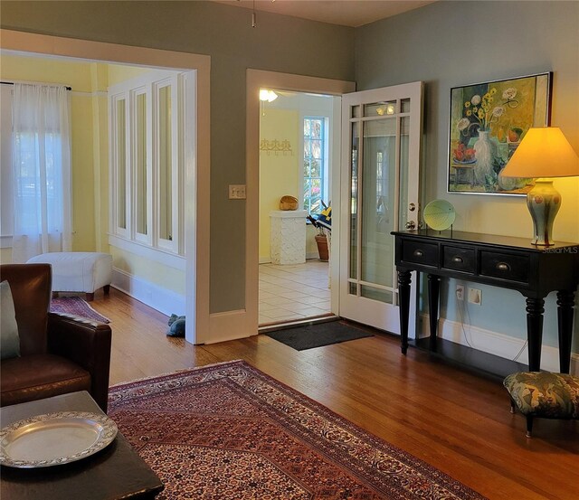 entrance foyer featuring a wealth of natural light, baseboards, and wood finished floors