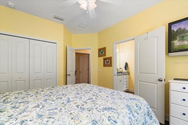 bedroom featuring a closet, visible vents, and a ceiling fan