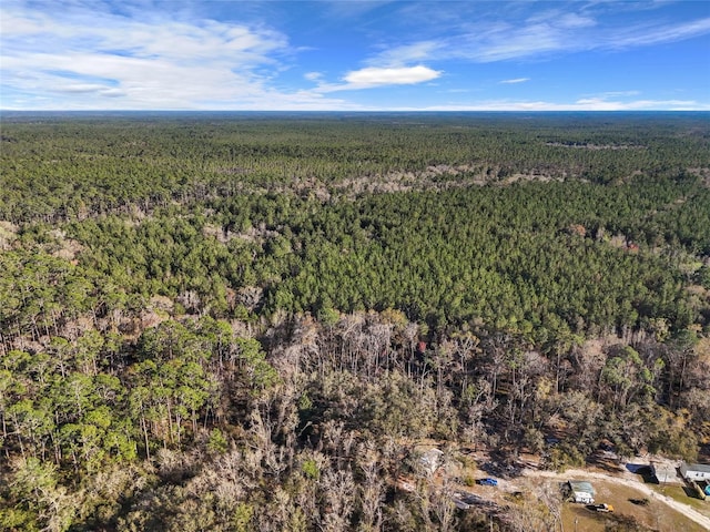 drone / aerial view with a wooded view