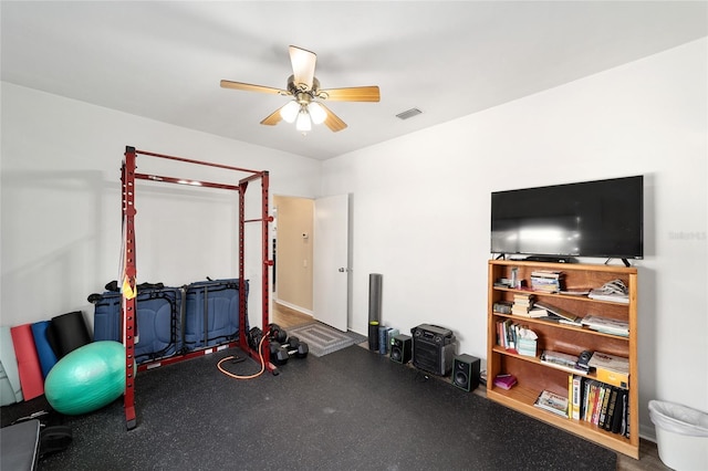 exercise room featuring visible vents and a ceiling fan