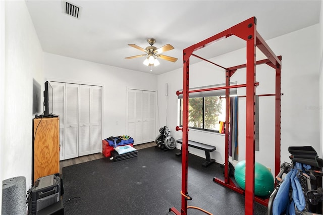 exercise area with visible vents and ceiling fan