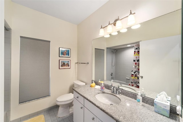 full bathroom with tile patterned flooring, baseboards, toilet, shower / tub combo, and vanity