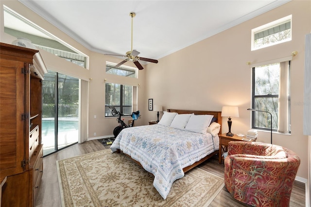 bedroom featuring baseboards, multiple windows, wood finished floors, and access to outside