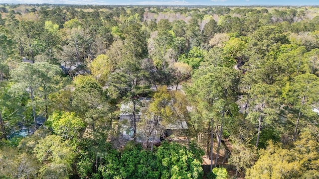 birds eye view of property featuring a forest view