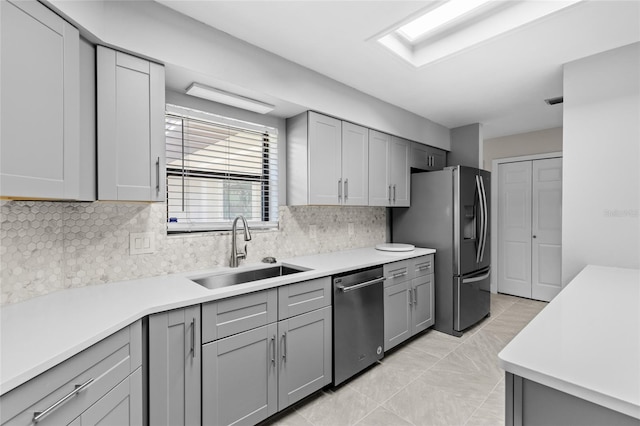 kitchen with a sink, appliances with stainless steel finishes, and gray cabinets