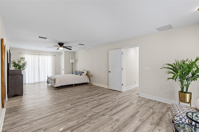 bedroom featuring baseboards, visible vents, light wood finished floors, and ceiling fan