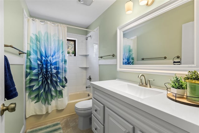 bathroom with tile patterned floors, toilet, vanity, and shower / bath combination with curtain