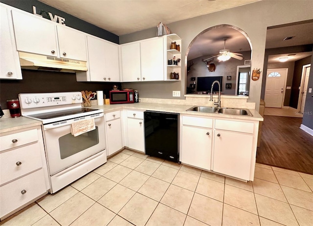 kitchen featuring ceiling fan, under cabinet range hood, dishwasher, white range with electric stovetop, and a sink