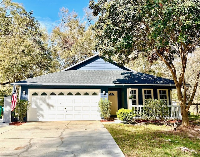 single story home featuring a porch, roof with shingles, concrete driveway, and an attached garage