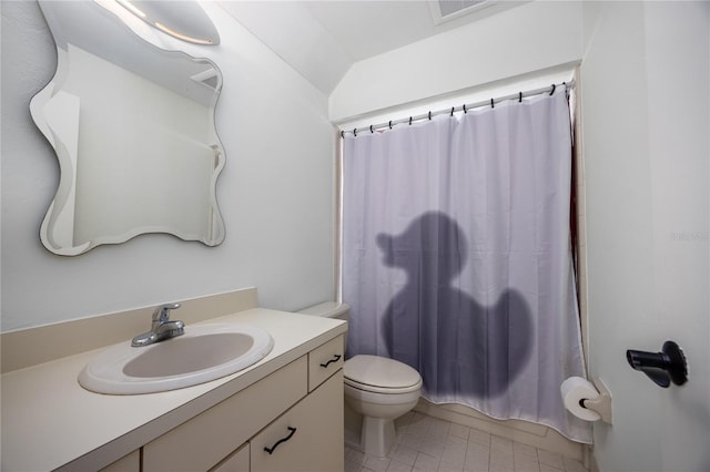 bathroom featuring tile patterned floors, visible vents, toilet, shower / tub combo, and vanity