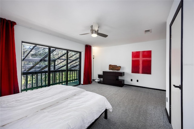 carpeted bedroom with visible vents, a ceiling fan, baseboards, and access to outside