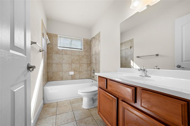 full bath featuring tile patterned flooring,  shower combination, toilet, and vanity