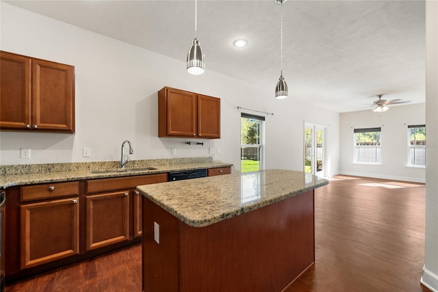 kitchen with dishwasher, a healthy amount of sunlight, dark wood-style floors, and a sink