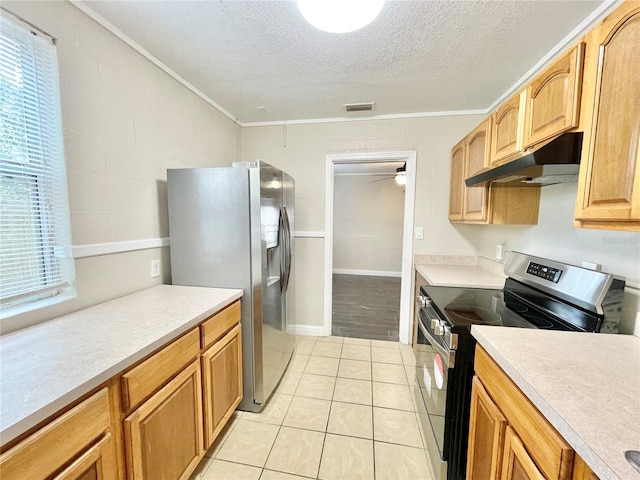 kitchen featuring visible vents, under cabinet range hood, light countertops, appliances with stainless steel finishes, and a textured ceiling