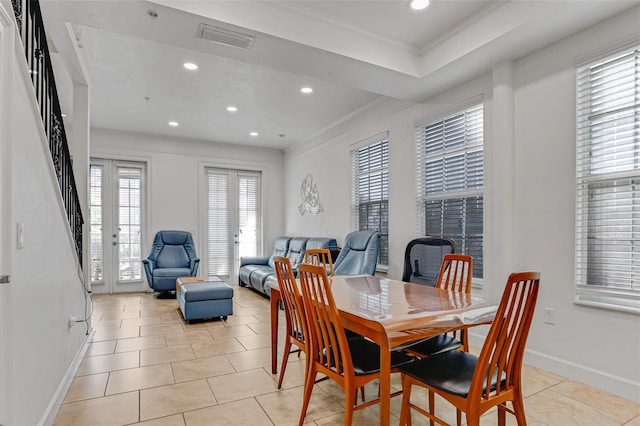 dining room featuring visible vents, recessed lighting, stairs, and baseboards