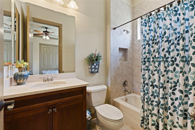 full bath with shower / bath combo with shower curtain, toilet, and vanity