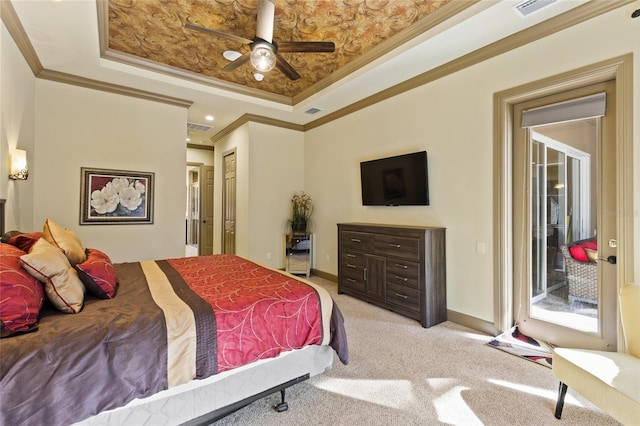 bedroom featuring baseboards, light colored carpet, ornamental molding, a raised ceiling, and access to outside