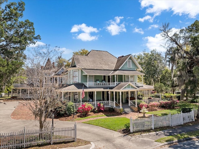 view of front of house featuring a balcony, driveway, covered porch, and a fenced front yard