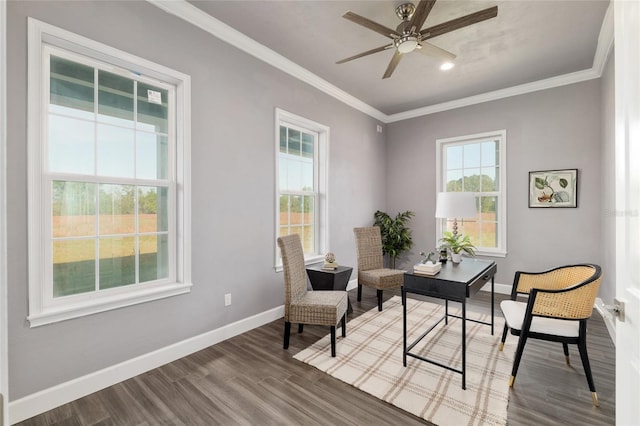 sitting room featuring a wealth of natural light, ornamental molding, ceiling fan, and baseboards