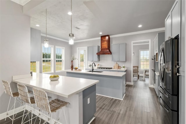 kitchen featuring a peninsula, premium range hood, a center island with sink, appliances with stainless steel finishes, and a sink