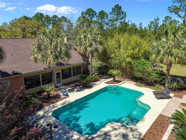 view of swimming pool with a fenced backyard, a patio area, and a fenced in pool