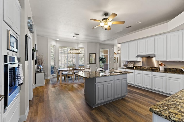 kitchen with white cabinets, stainless steel appliances, under cabinet range hood, and visible vents