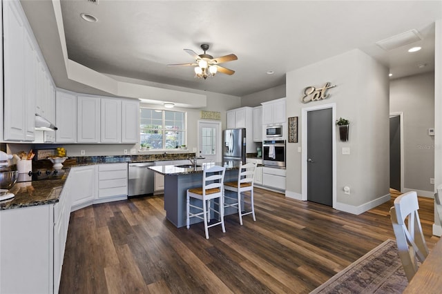 kitchen featuring white cabinetry, dark wood-style floors, appliances with stainless steel finishes, and a ceiling fan