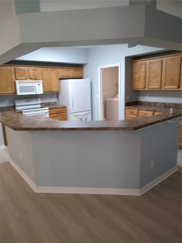 2966 NW 105th Dr, Gainesville, FL 32606 - kitchen featuring white appliances, light wood-type flooring, washer / clothes dryer, and dark countertops