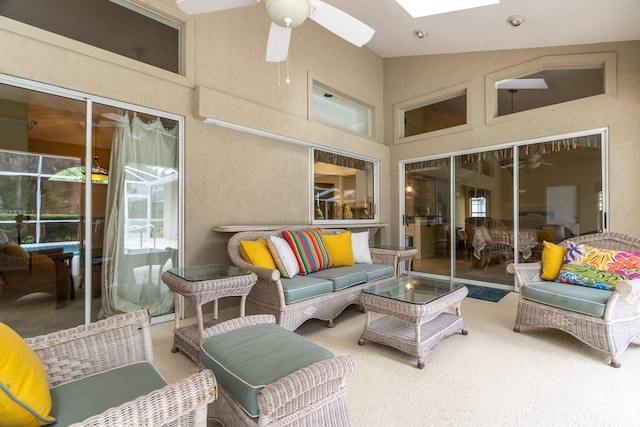 5620 NW 45th Ln, Gainesville, FL 32606 - sunroom featuring outdoor lounge area, ceiling fan, and a skylight