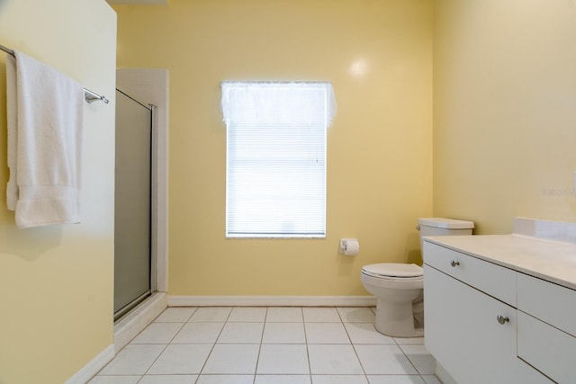 5620 NW 45th Ln, Gainesville, FL 32606 - full bath with tile patterned flooring, vanity, toilet, baseboards, and a stall shower