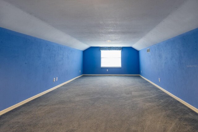 5620 NW 45th Ln, Gainesville, FL 32606 - bonus room featuring a textured ceiling, lofted ceiling, baseboards, visible vents, and carpet