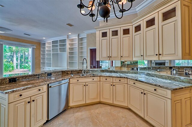 4630 SW 95th Ter, Gainesville, FL 32608 - kitchen featuring cream cabinets, stainless steel dishwasher, a sink, ornamental molding, and a peninsula