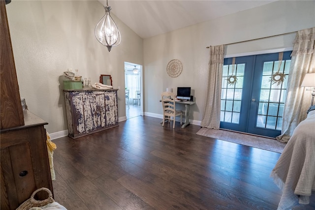 6550 SE 123rd Ter, Morriston, FL 32668 - foyer with french doors, baseboards, ceiling fan, dark wood-style floors, and vaulted ceiling