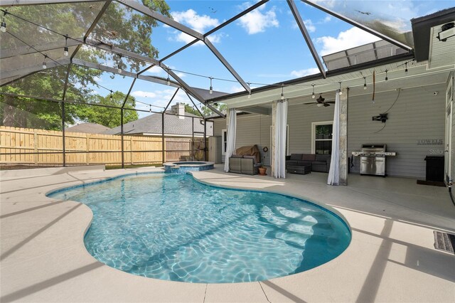view of swimming pool with ceiling fan, outdoor lounge area, a grill, a patio, and fence