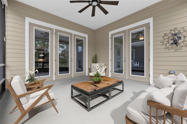 exterior space with an outdoor hangout area, french doors, and a ceiling fan