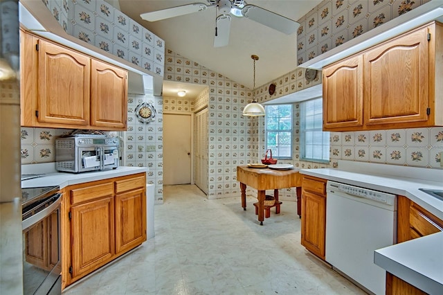 12332 NW 7th Ln, Newberry, FL 32669 - kitchen featuring a ceiling fan, stainless steel range with electric stovetop, dishwasher, light countertops, and lofted ceiling